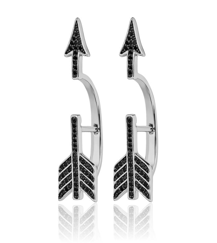 925 Sterling Silver Black Cubic Zirconia CZ Arrow Stud Huggie Medium Hoop Drop Dangle Earrings
