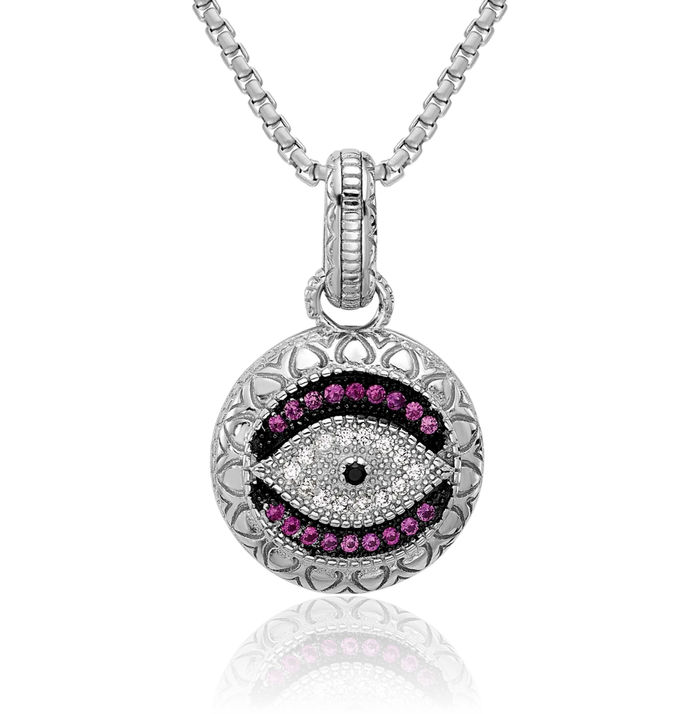 925 Sterling Silver Black Cubic Zirconia CZ Lab Red Ruby Hamsa Hand of Fatima Evil Eye Protection Good Luck Necklace Chain Pendant Charm