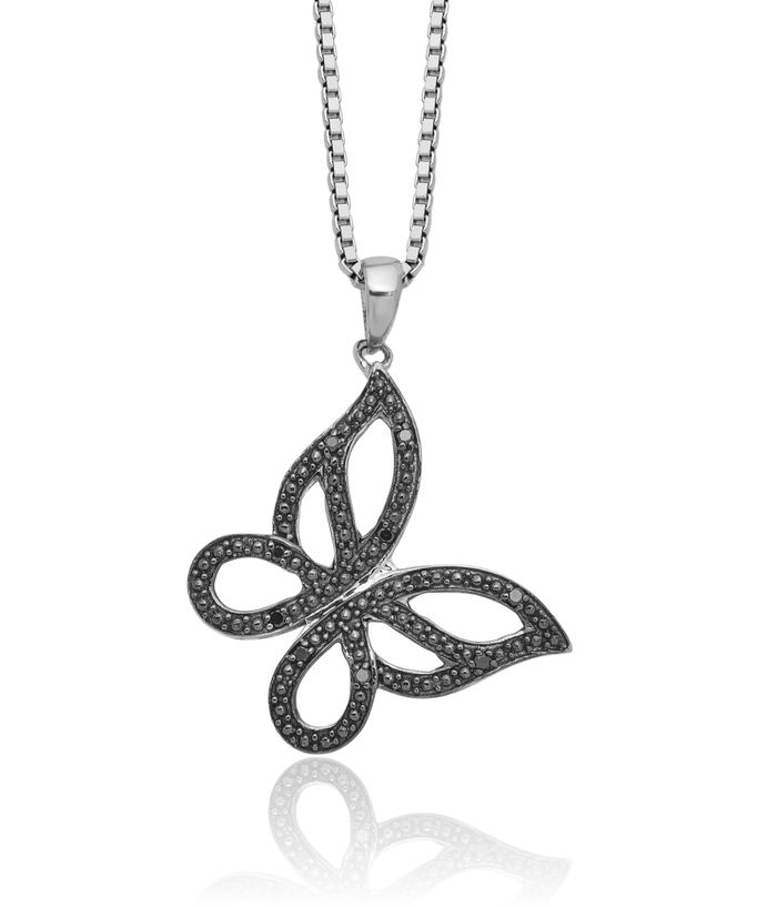 925 Sterling Silver Black Diamond Butterfly Wings Necklace Chain