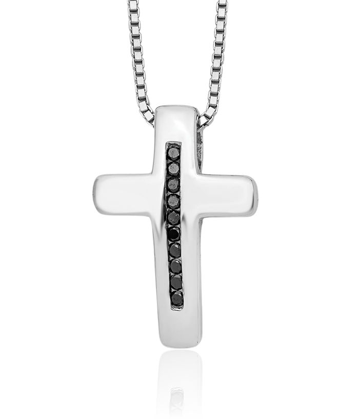 925 Sterling Silver Black Diamond Holy Cross Chain Necklace