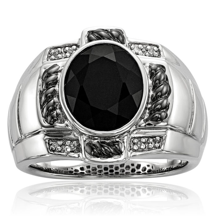 925 Sterling Silver Black Diamond Onyx Oval Mens Ring Gemstone Band