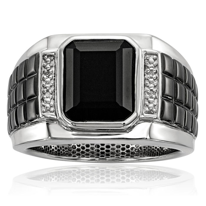 925 Sterling Silver Black Diamond Onyx Square Mens Ring Gemstone Band