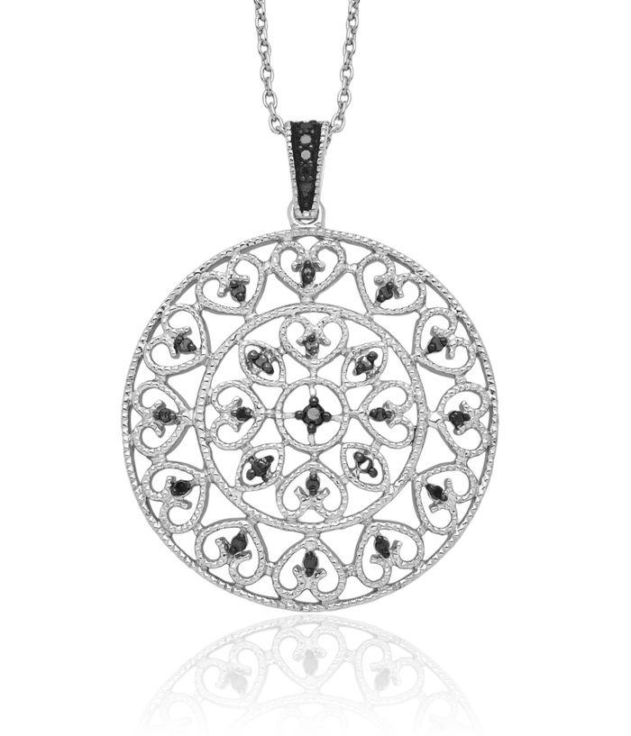 925 Sterling Silver Black Diamond Circle Round Geometric Pendant Necklace