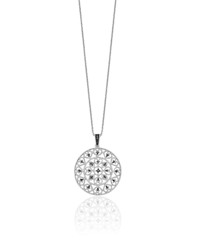 925 Sterling Silver Black Diamond Circle Round Geometric Pendant Necklace