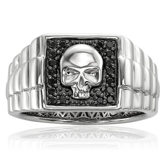 925 Sterling Silver Black Diamond Square Skull Mens Ring