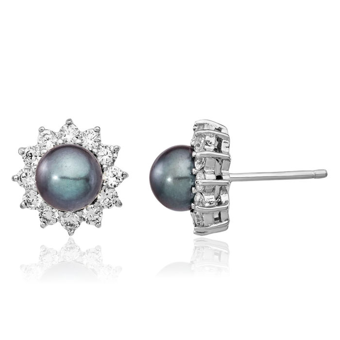 925 Sterling Silver Black Freshwater Cultured Pearl Cubic Zirconia CZ Stud Earrings