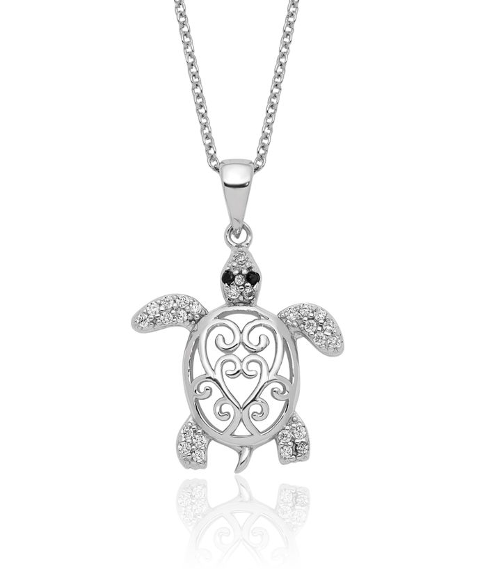 925 Sterling Silver Black Glass White Cubic Zirconia CZ Antique Filigree Sea Turtle Necklace Chain