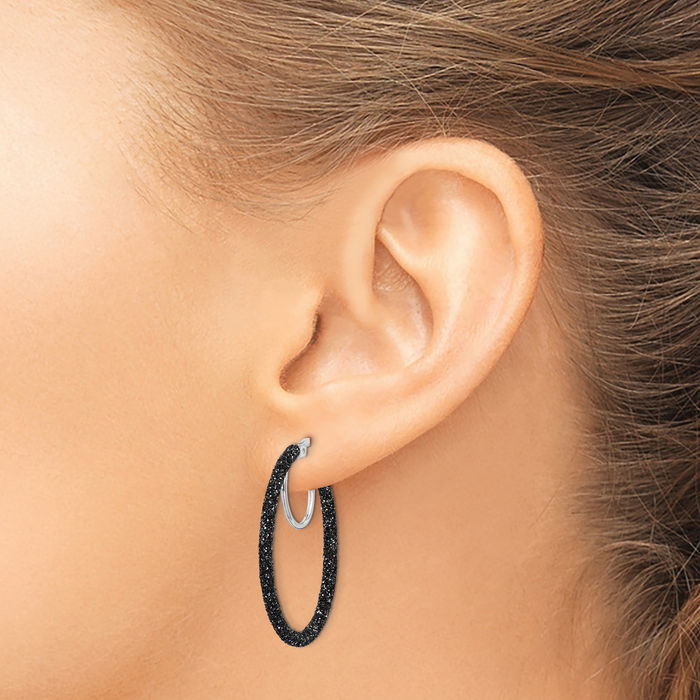 925 Sterling Silver Black Round Medium Hoop Earrings