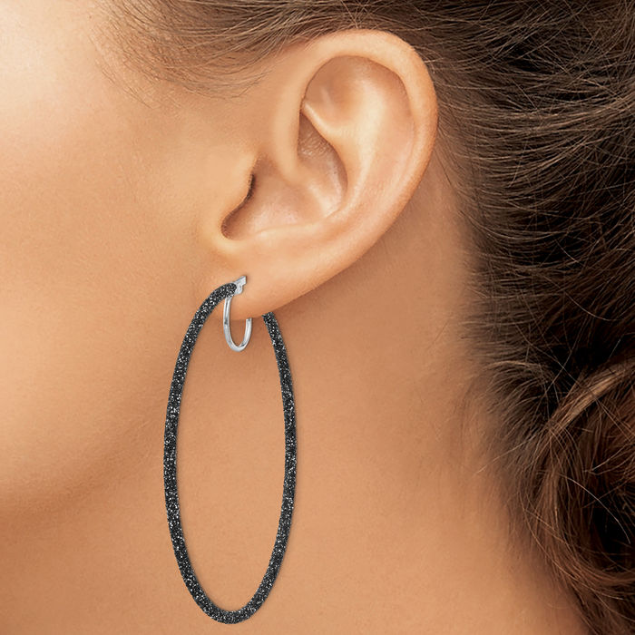925 Sterling Silver Black Round Large Hoop Earrings