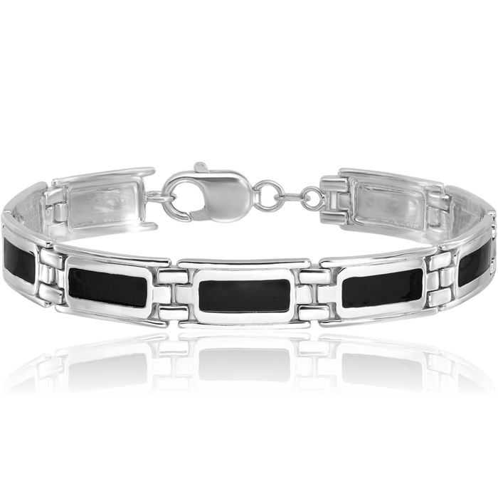 925 Sterling Silver Black Link Mens Chain Bracelet