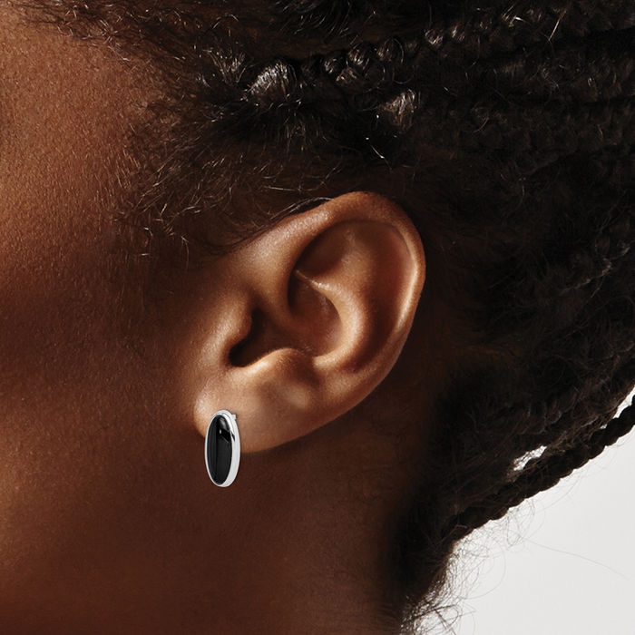925 Sterling Silver Oval Black Onyx Post Drop Dangle Earrings