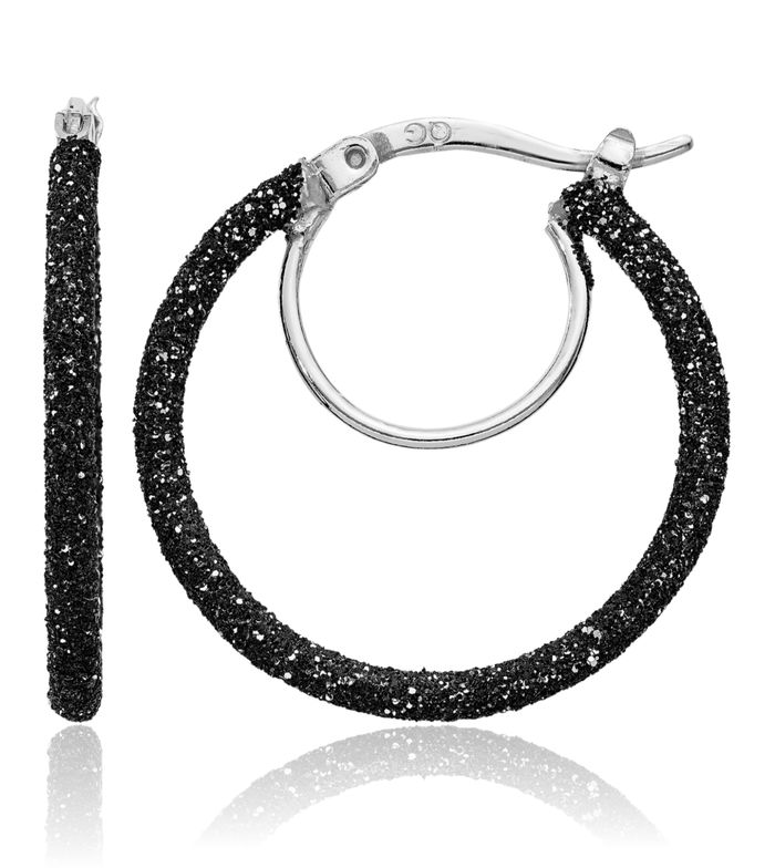 925 Sterling Silver Black Round Medium Hoop Earrings