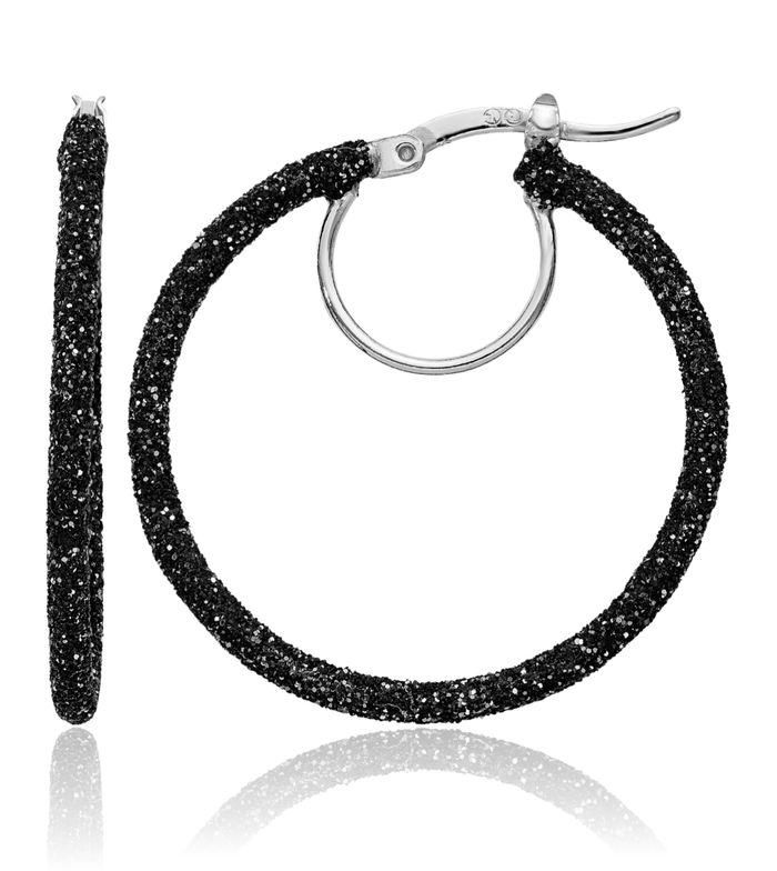 925 Sterling Silver Black Round Medium Hoop Earrings