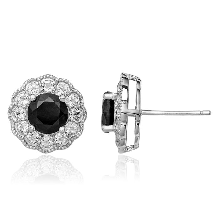 925 Sterling Silver Black Sapphire White Topaz Stud Earrings