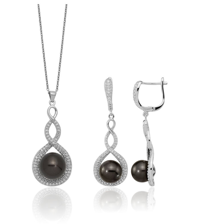925 Sterling Silver 10 12mm Black Shell Pearl Cubic Zirconia CZ Drop Dangle Earrings Necklace Chain Set