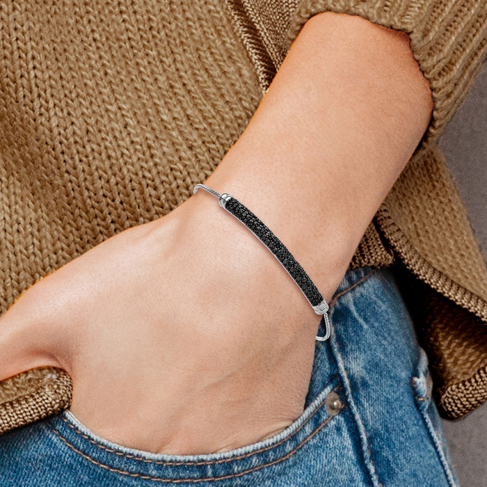 925 Sterling Silver Black Spinel Bar Adjustable Wrap Bracelet