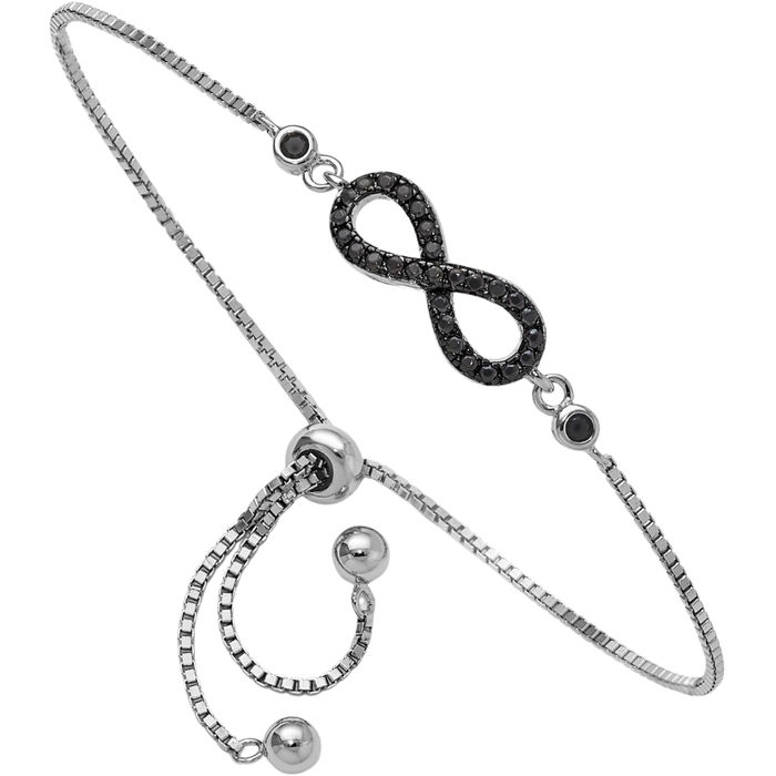 925 Sterling Silver Black Spinel Infinity Twisted Love Knot Symbol Adjustable Wrap Charm Bracelet