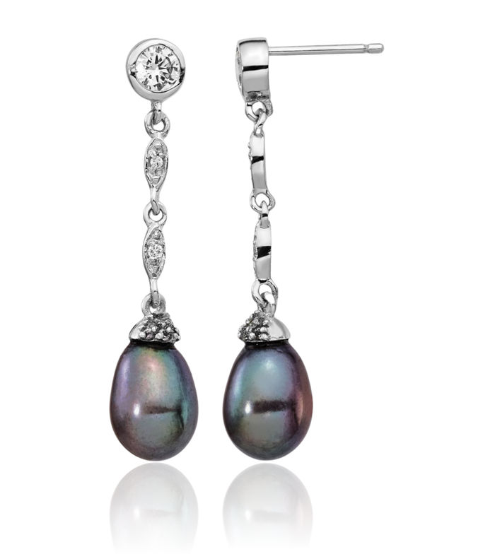 925 Sterling Silver Black Teardrop Freshwater Cultured Pearl Cubic Zirconia CZ Post Drop Dangle Earrings