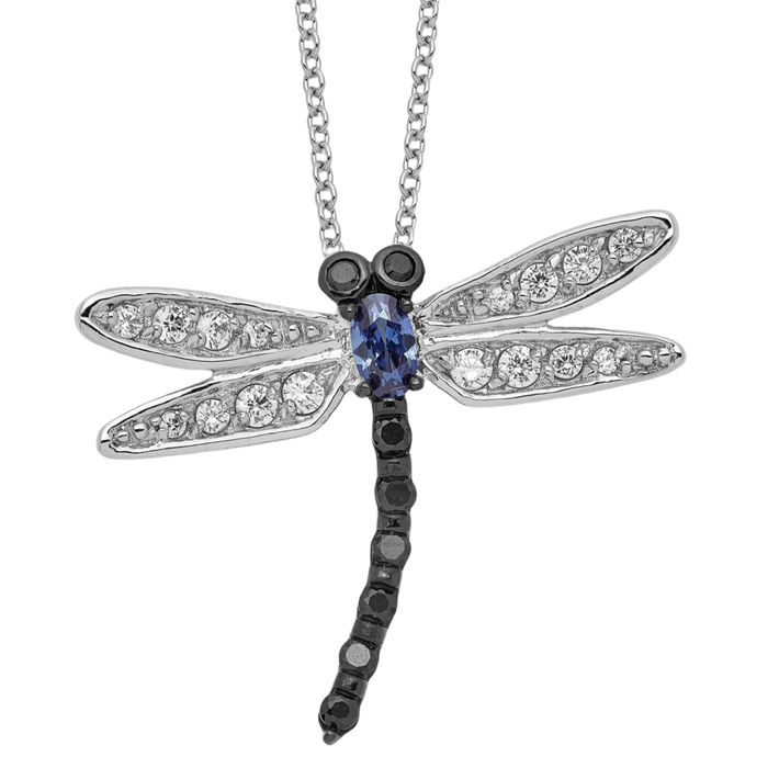 925 Sterling Silver Black White Blue Cubic Zirconia CZ Dragonfly Necklace Chain