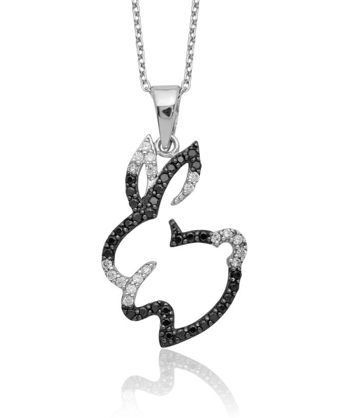 925 Sterling Silver Black White Cubic Zirconia CZ Bunny Rabbit Necklace Chain