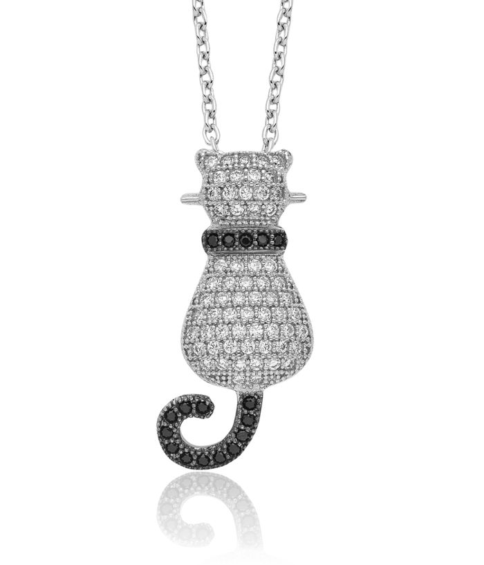 925 Sterling Silver Black White Cubic Zirconia CZ Cat Chain Necklace