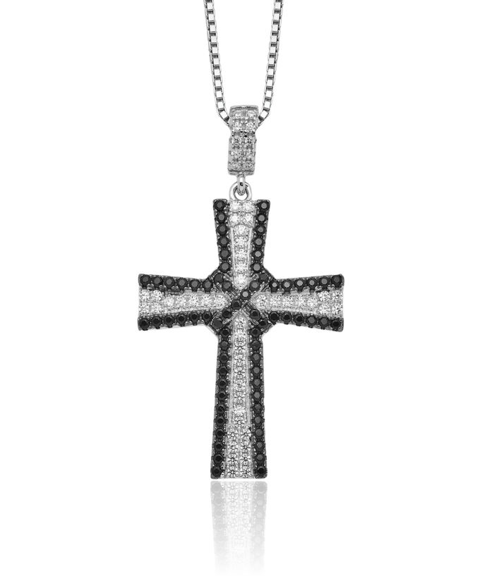 925 Sterling Silver Black White Cubic Zirconia CZ Holy Cross Chain Necklace