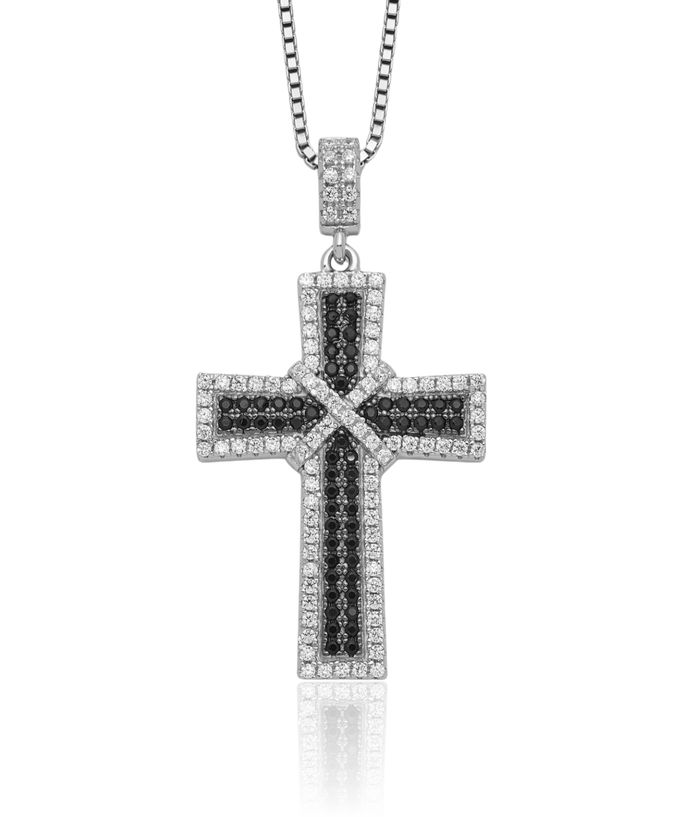 925 Sterling Silver Black White Cubic Zirconia CZ Holy Cross Chain Necklace