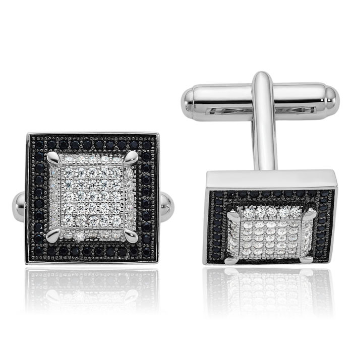 925 Sterling Silver Black White Cubic Zirconia CZ Cuff Links