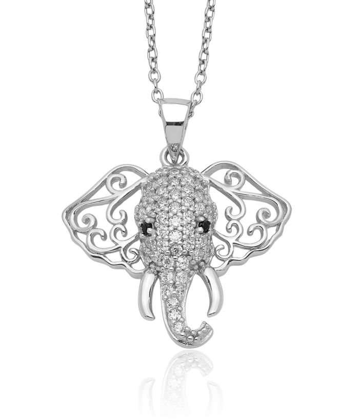 925 Sterling Silver Black White Cubic Zirconia CZ Antique Filigree Elephant Necklace Chain