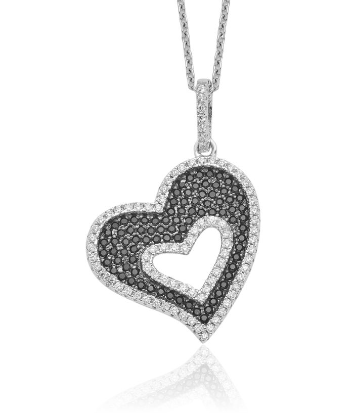 925 Sterling Silver Black White Cubic Zirconia CZ Heart Chain Necklace