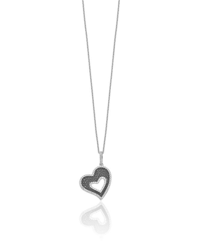 925 Sterling Silver Black White Cubic Zirconia CZ Heart Chain Necklace