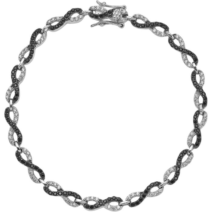 925 Sterling Silver Black White Cubic Zirconia CZ Infinity Twisted Love Knot Symbol Chain Charm Bracelet