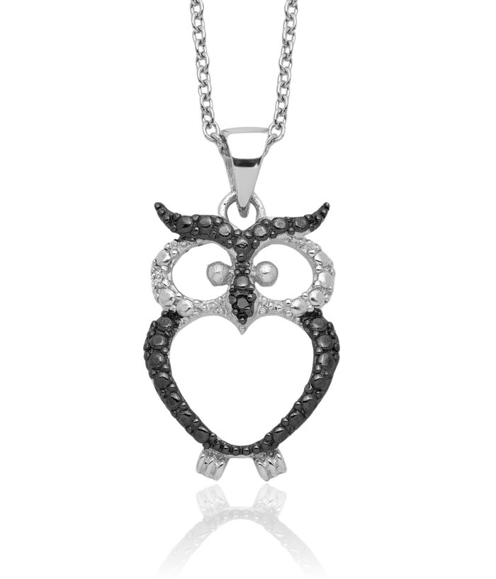 925 Sterling Silver Black White Cubic Zirconia CZ Owl Symbol of Wisdom Bird Necklace Chain