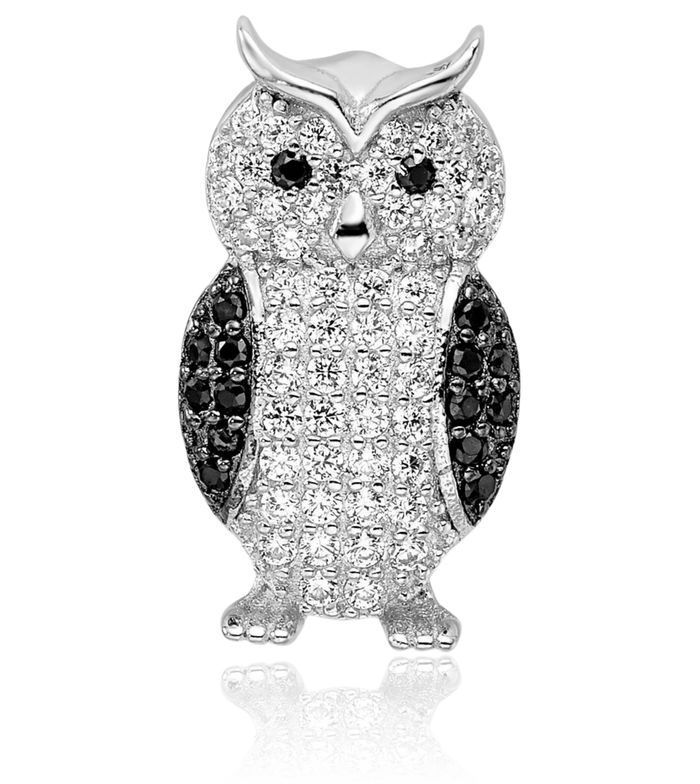 925 Sterling Silver Black White Cubic Zirconia CZ Owl Symbol of Wisdom Bird Slide Chain Necklace Pendant Charm