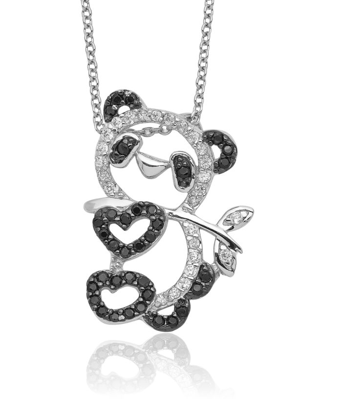 925 Sterling Silver Black White Cubic Zirconia CZ Panda Necklace Chain