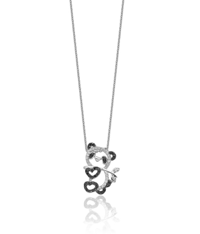 925 Sterling Silver Black White Cubic Zirconia CZ Panda Necklace Chain