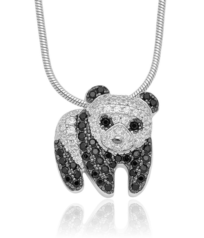 925 Sterling Silver Black White Cubic Zirconia CZ Panda Chain Necklace