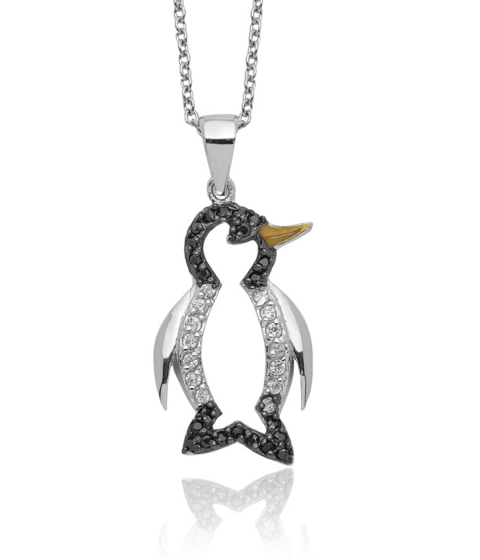 925 Sterling Silver Black White Cubic Zirconia CZ Penguin Antarctica Polar Bird Necklace Chain