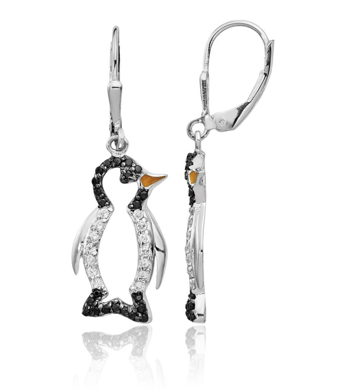 925 Sterling Silver Black White Cubic Zirconia CZ Penguin Antarctica Polar Bird Drop Dangle Earrings