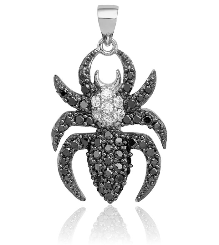925 Sterling Silver Black White Cubic Zirconia CZ Spider Necklace Chain Pendant Charm