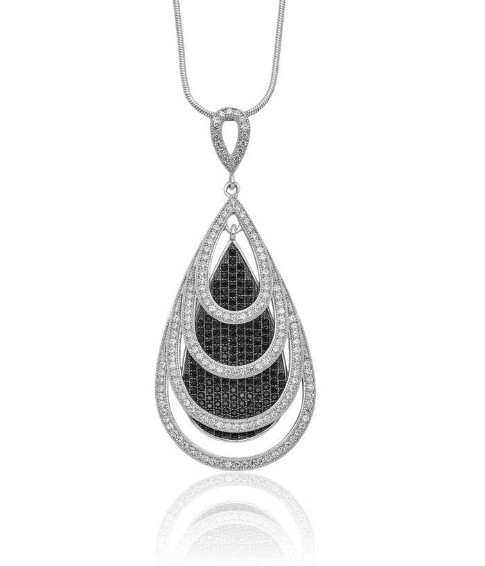 925 Sterling Silver Black White Cubic Zirconia CZ Teardrop Chain Necklace