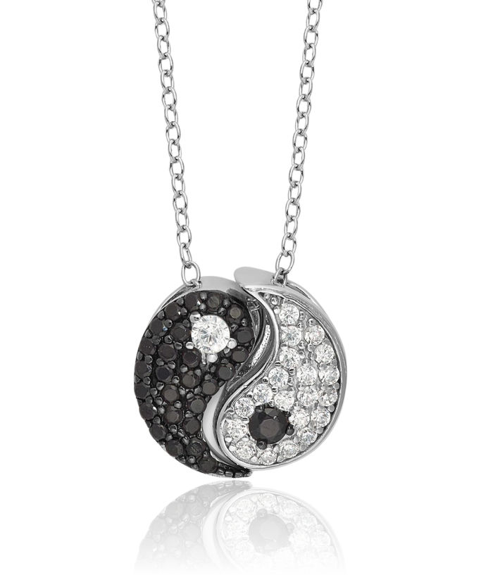 925 Sterling Silver Black White Cubic Zirconia CZ Yin Yang Necklace Chain