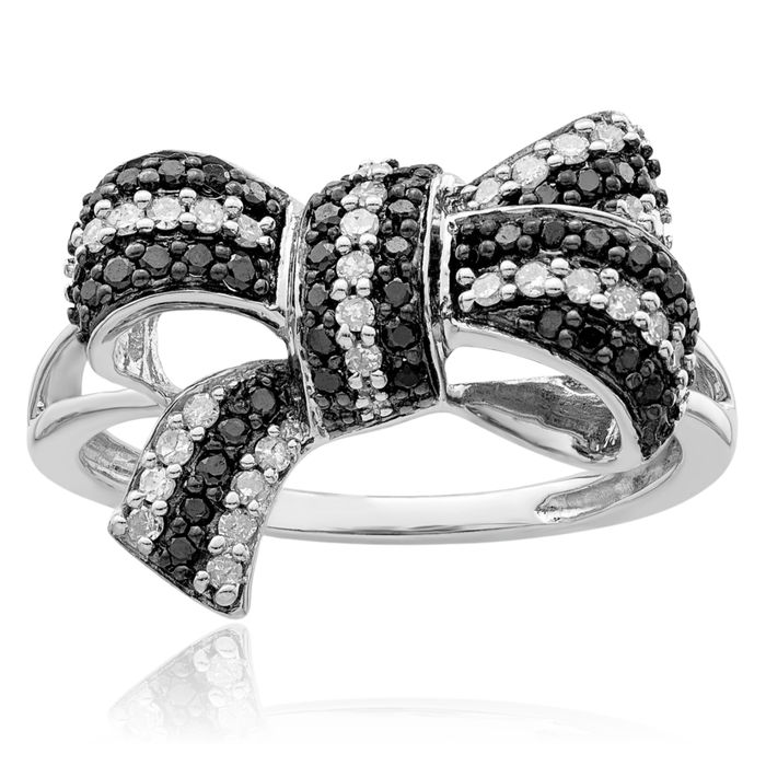 925 Sterling Silver Black White Diamond Bow Ring