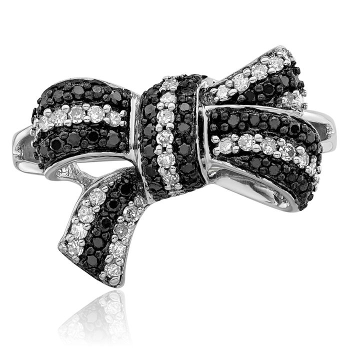 925 Sterling Silver Black White Diamond Bow Ring