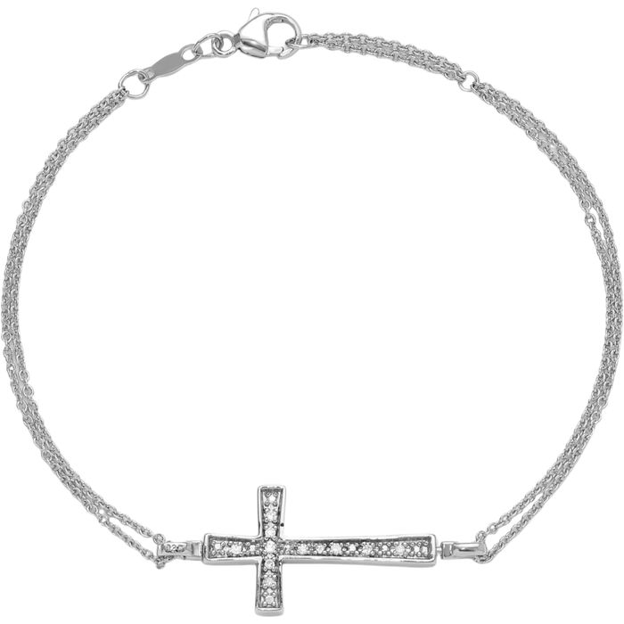 925 Sterling Silver Black White Diamond Holy Cross 2 Strand Chain Tennis Charm Bracelet