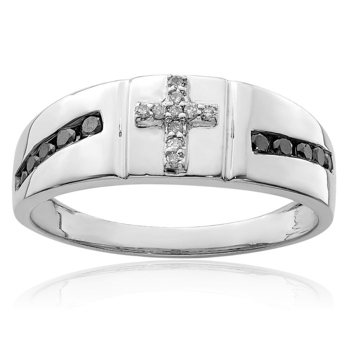 925 Sterling Silver Black White Diamond Holy Cross Mens Ring Christian Religious Band