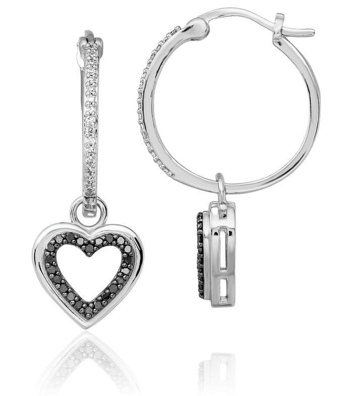 925 Sterling Silver Black White Diamond Drop Dangle Heart Friendship Medium Hoop Earrings