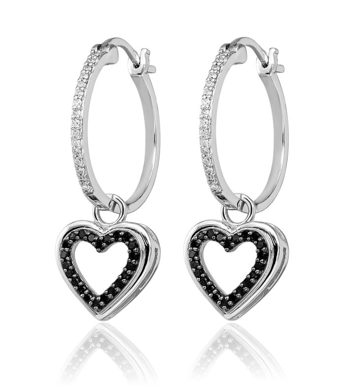 925 Sterling Silver Black White Diamond Drop Dangle Heart Friendship Medium Hoop Earrings