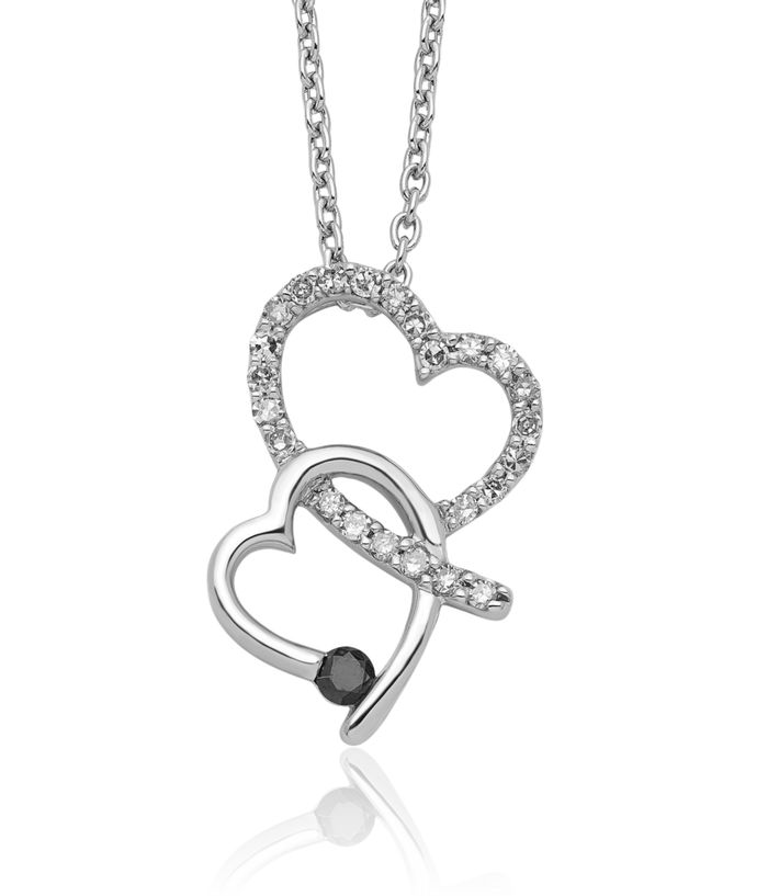 925 Sterling Silver Black White Diamond Double Heart Necklace Love Pendant Friendship Charm Chain