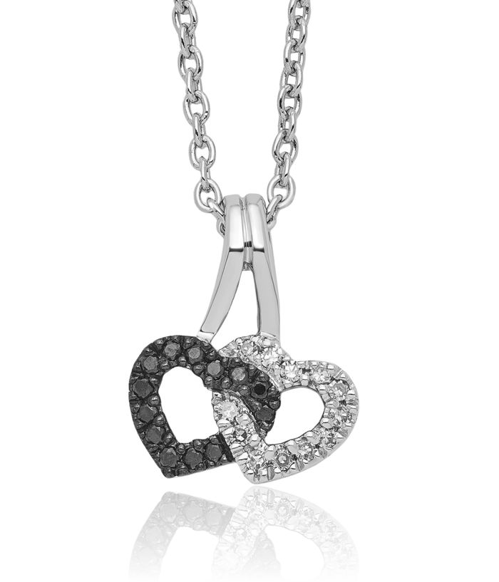 925 Sterling Silver Black White Diamond Double Heart Necklace Love Pendant Friendship Charm Chain